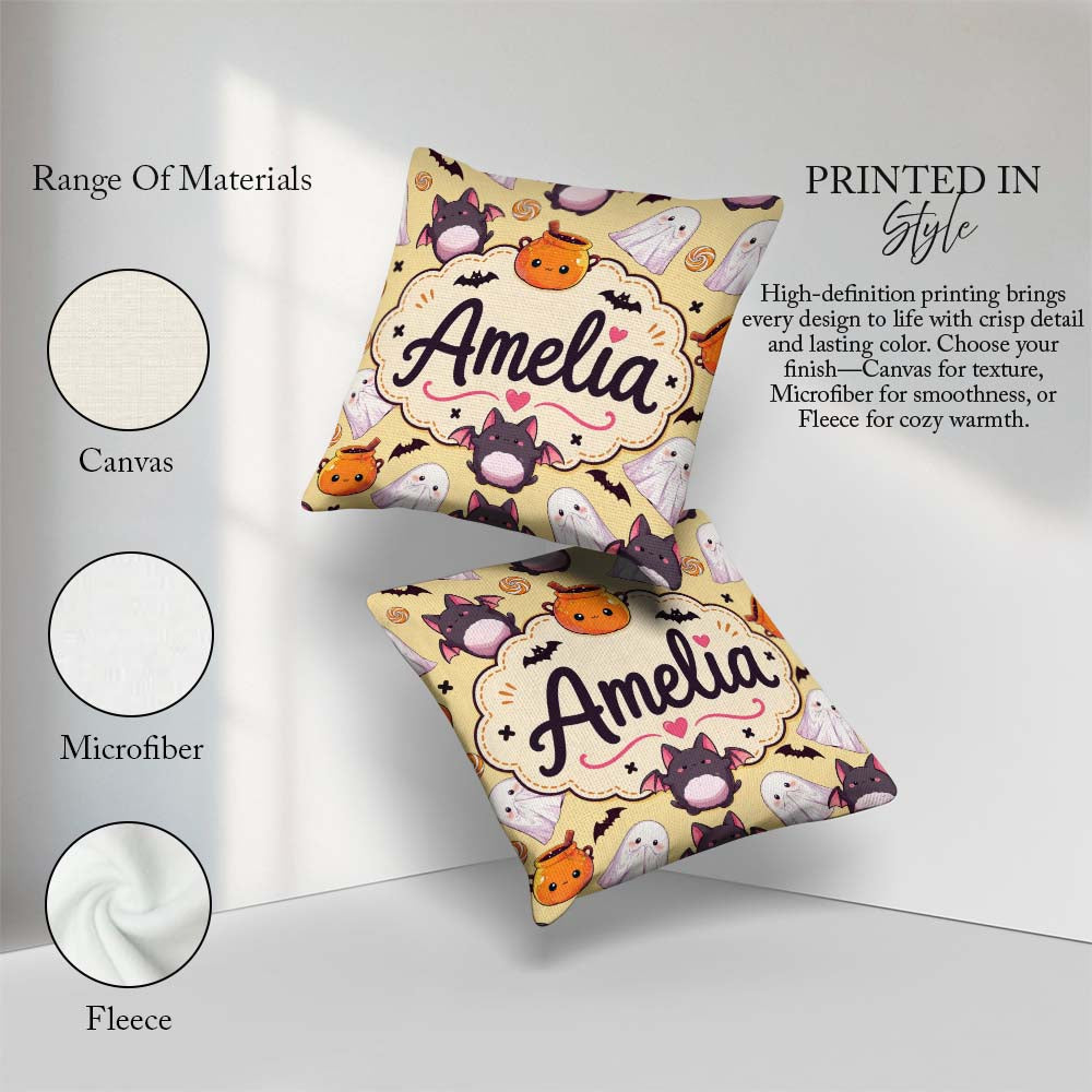 Custom Name Kawaii Ghost Bat Candy Pumpkin Seamless Pattern Soft Square Filled Cushion Throw Pillow Sofa Bed Home Decor Zip Washable UK Made