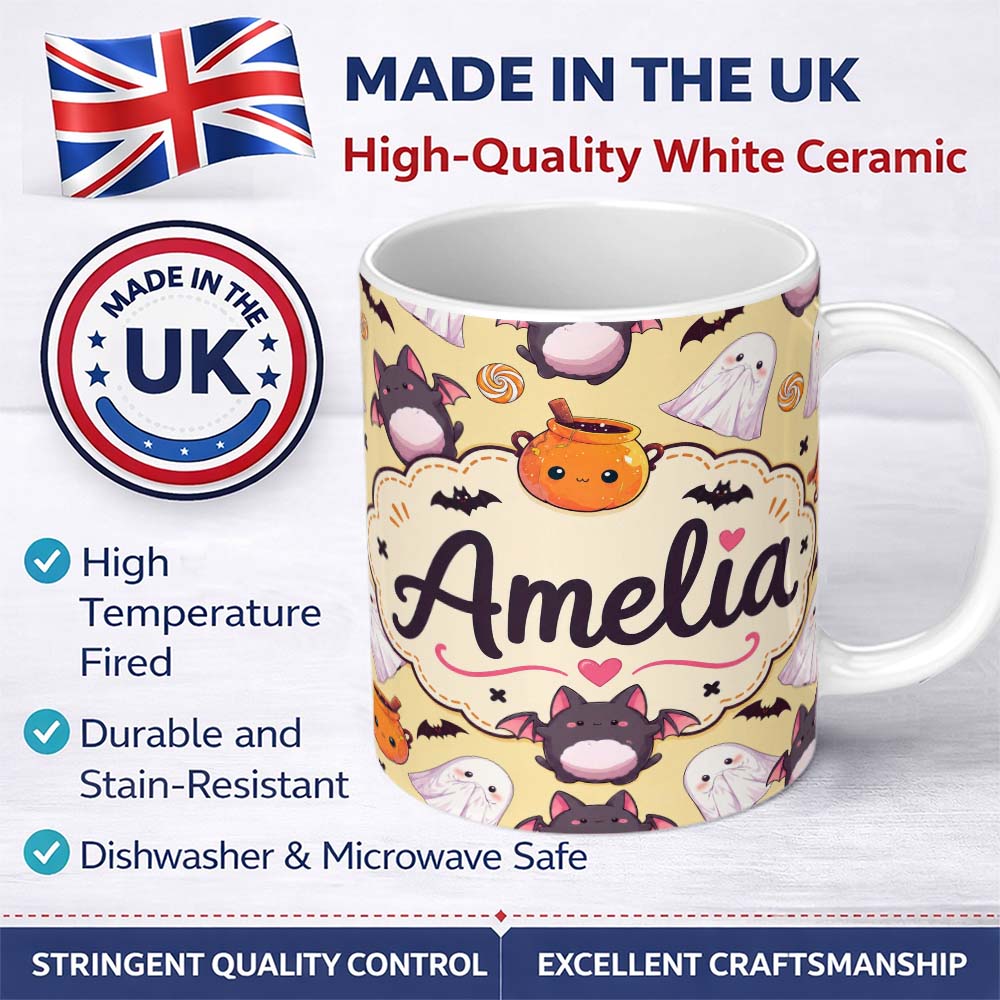 Personalized Custom Name Cute Kawaii Ghost Bat Candy Pumpkin Seamless Pattern Soft Yellow 11oz Ceramic Coffee Tea Mug White Large Handle