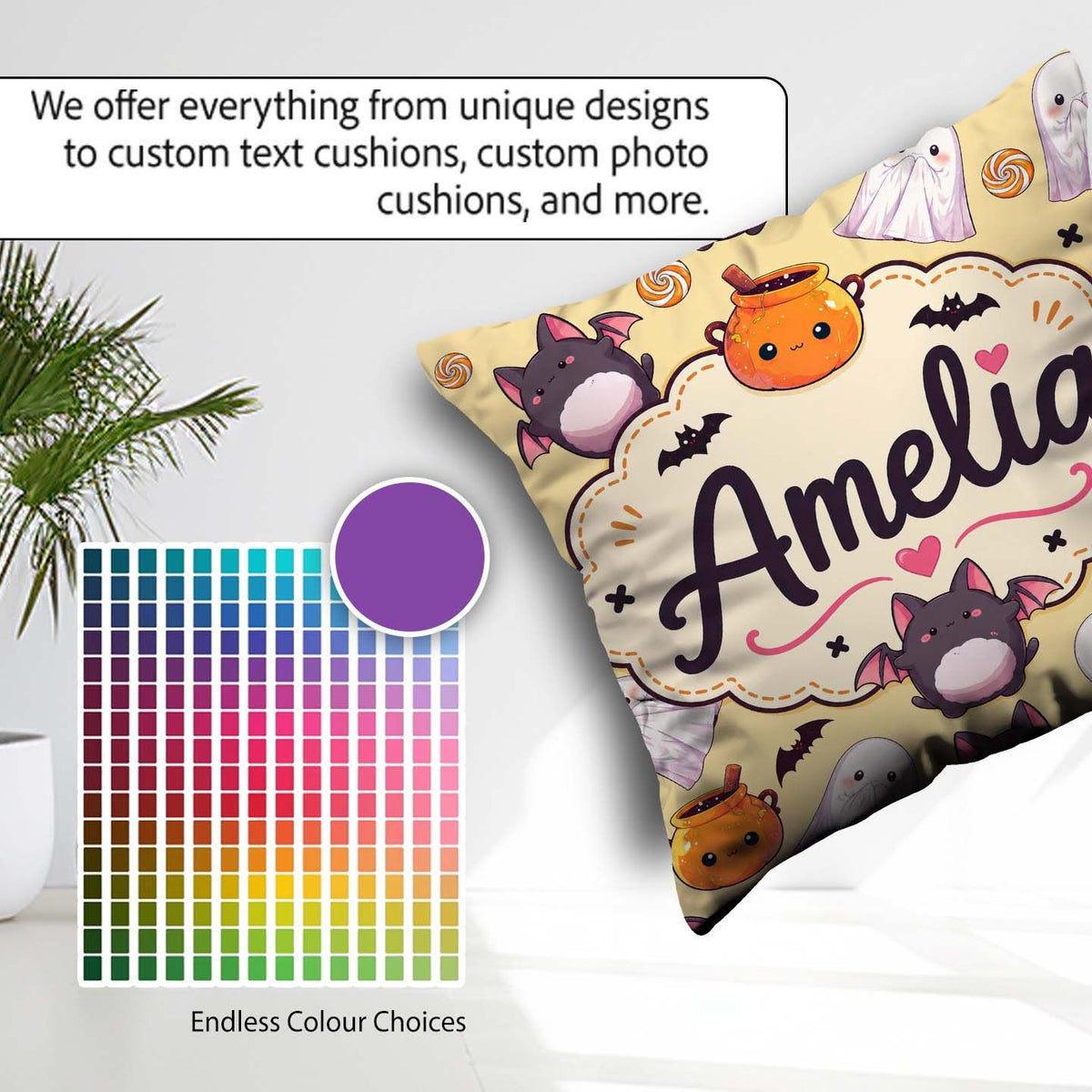 Custom Name Kawaii Ghost Bat Candy Pumpkin Seamless Pattern Soft Square Filled Cushion Throw Pillow Sofa Bed Home Decor Zip Washable UK Made