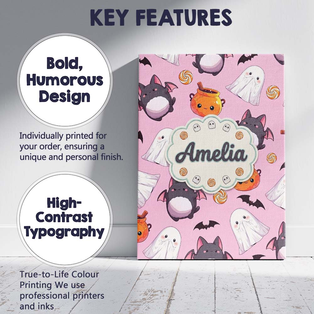 Personalised Name Cute Kawaii Ghost Bat Custom Modern Room Accent Elegant Feature Canvas Wall Art Print Decor Picture Ready to Hang