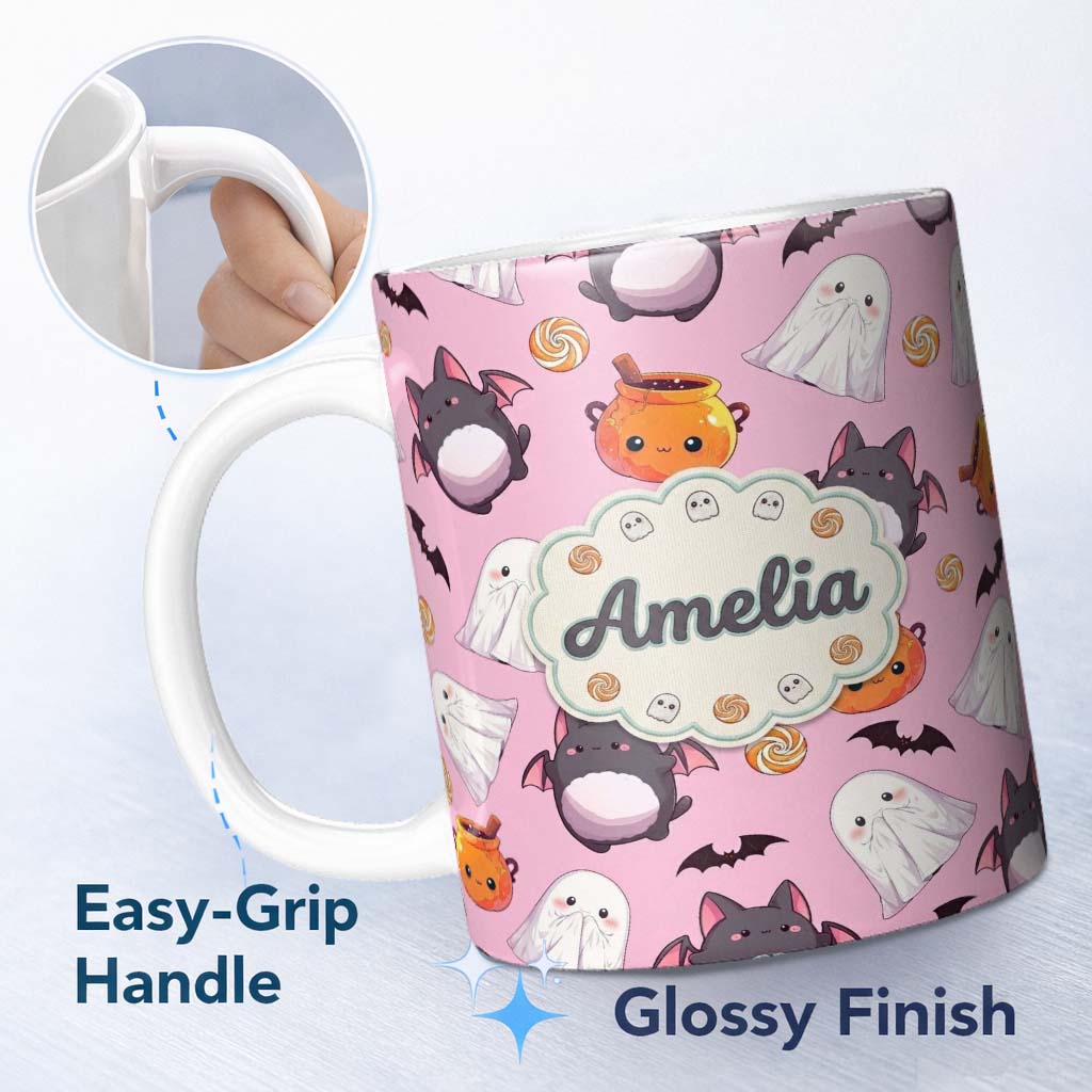 Personalized Custom Name Cute Kawaii Ghost Bat Candy Pumpkin Seamless Pattern Mauve Pink 11oz Ceramic Coffee Tea Mug White Large Handle