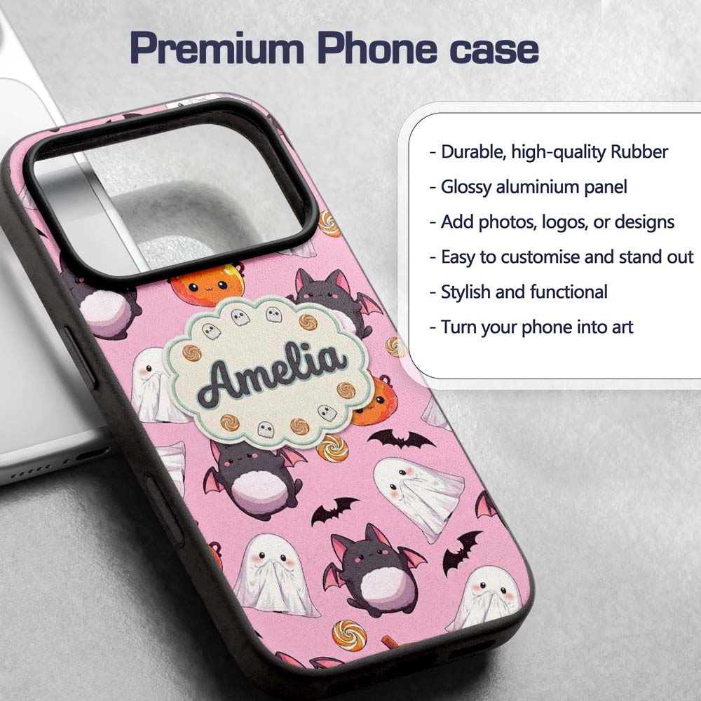 Cute Kawaii Ghost Bat Candy Pumpkin Seamless Custom Name Protective Phone Case Mobile Cover Durable Everyday Smartphone Shock Resistant