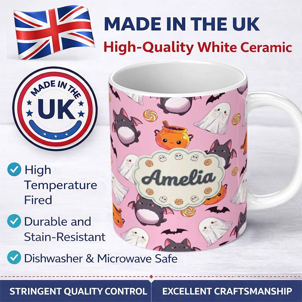 Personalized Custom Name Cute Kawaii Ghost Bat Candy Pumpkin Seamless Pattern Mauve Pink 11oz Ceramic Coffee Tea Mug White Large Handle