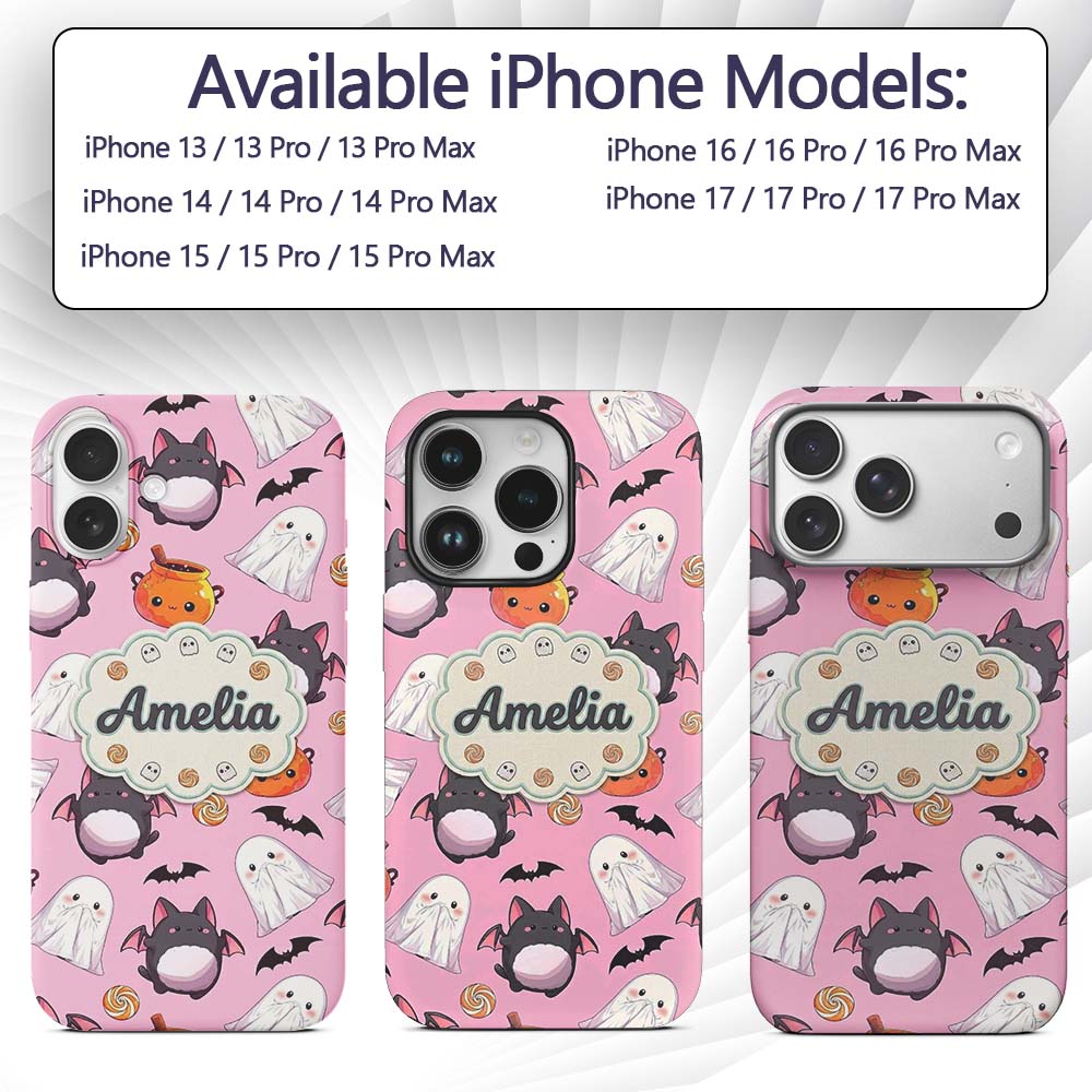 Cute Kawaii Ghost Bat Candy Pumpkin Seamless Custom Name Protective Phone Case Mobile Cover Durable Everyday Smartphone Shock Resistant