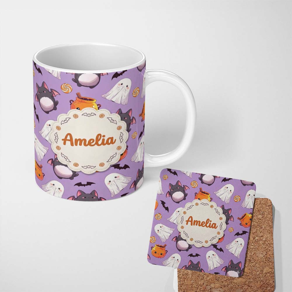 Personalized Custom Name Cute Halloween Ghost Bat Candy Pumpkin Purple Background Seamless 11oz Ceramic Coffee Tea Mug White Large Handle