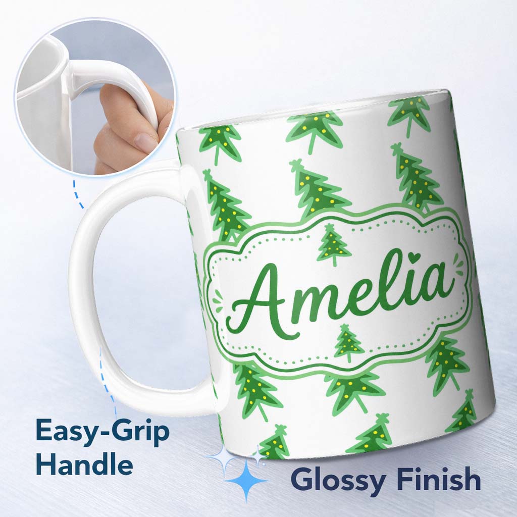 Personalized Custom Name Simple Green Christmas Trees with Yellow Lights Minimal Seamless 11oz Ceramic Coffee Tea Mug White Large Handle