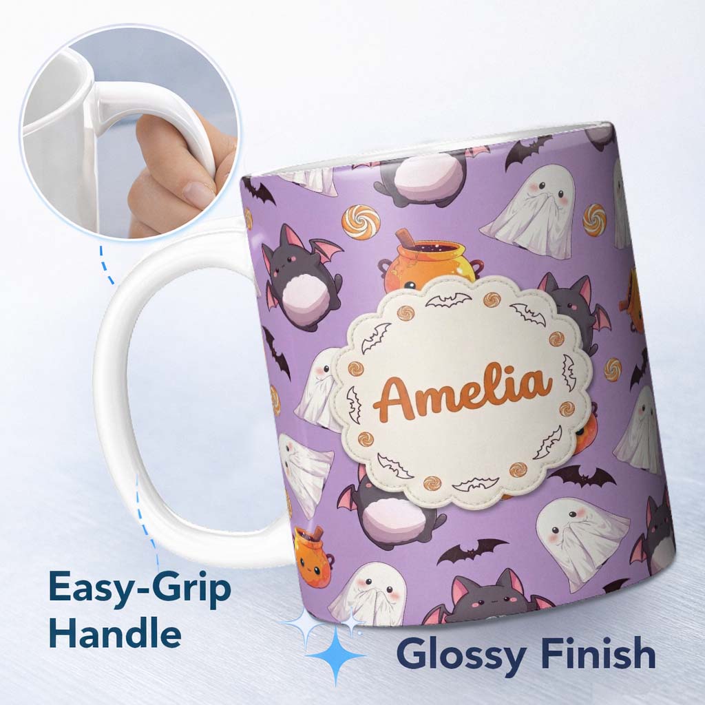 Personalized Custom Name Cute Halloween Ghost Bat Candy Pumpkin Purple Background Seamless 11oz Ceramic Coffee Tea Mug White Large Handle