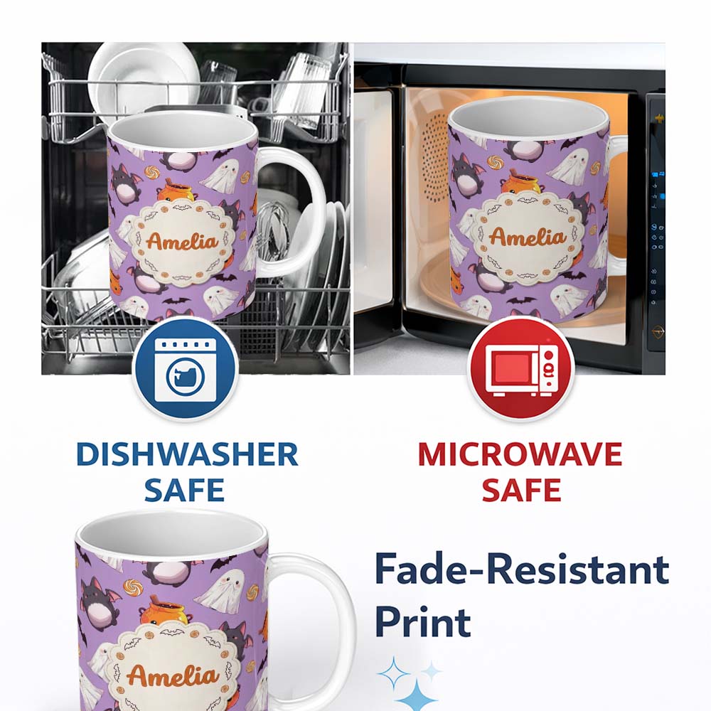 Personalized Custom Name Cute Halloween Ghost Bat Candy Pumpkin Purple Background Seamless 11oz Ceramic Coffee Tea Mug White Large Handle