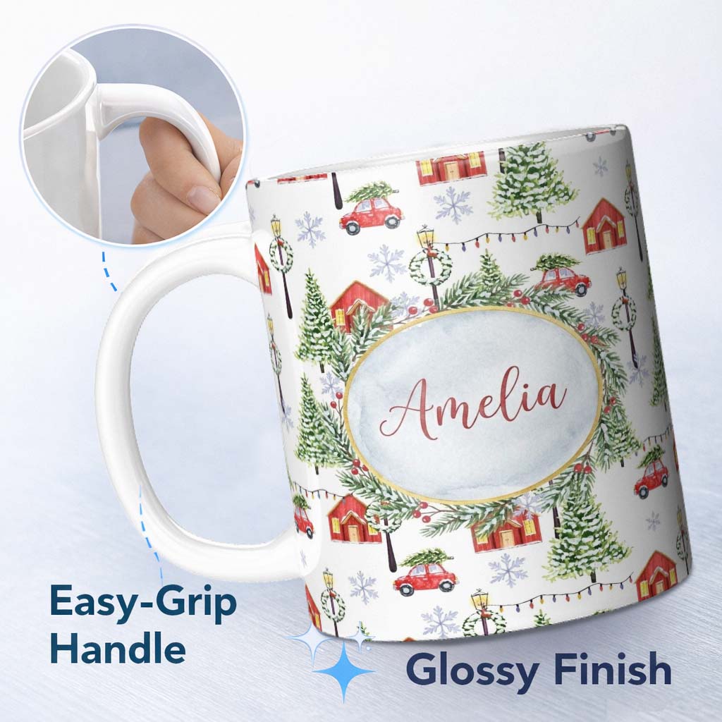Personalized Custom Name Winter Village with Red Houses Cars and Snowy Trees Seamless Pattern 11oz Ceramic Coffee Tea Mug White Large Handle