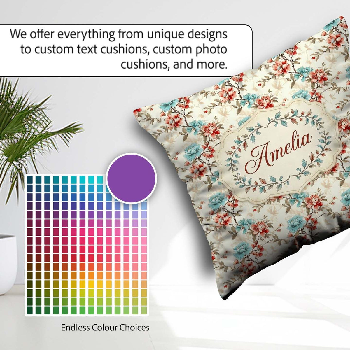 Custom Name Coral Floral Branch Artistic Seamless Pattern Lovely Square Filled Cushion Throw Pillow Sofa Bed Home Decor Zip Washable UK Made
