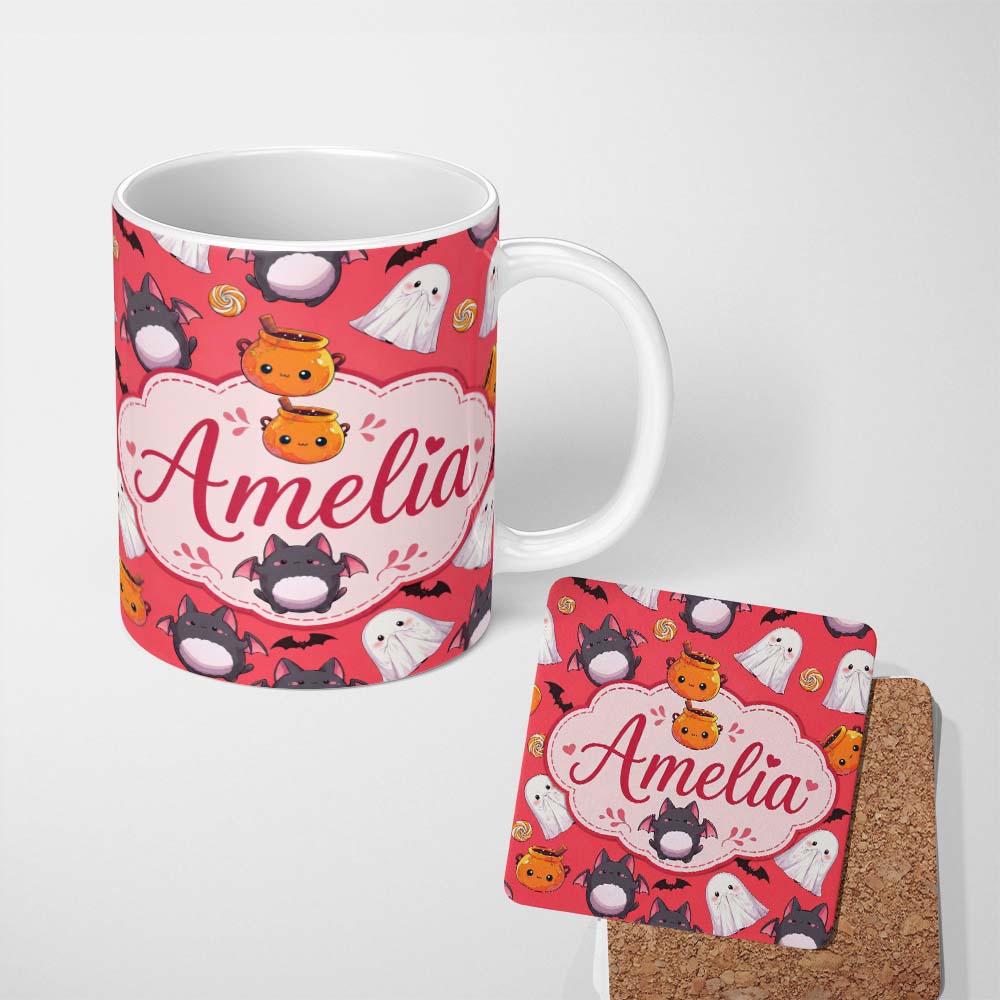 Personalized Custom Name Cute Halloween Ghost Bat Candy Pumpkin Red Background Seamless 11oz Ceramic Coffee Tea Mug White Large Handle
