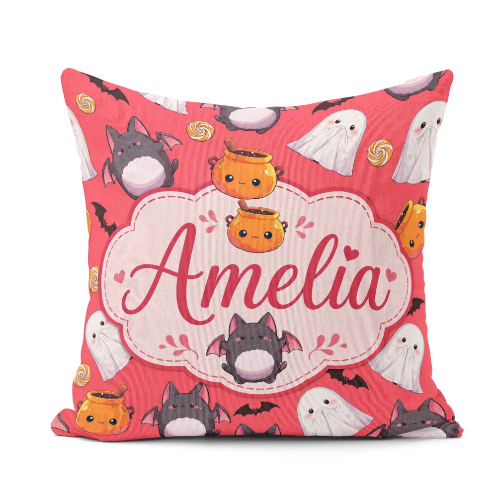 Custom Name Cute Ghost Bat Candy Pumpkin Red Background Seamless Square Filled Cushion Throw Pillow Sofa Bed Home Decor Zip Washable UK Made