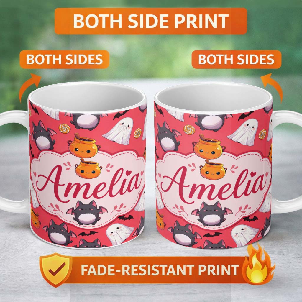 Personalized Custom Name Cute Halloween Ghost Bat Candy Pumpkin Red Background Seamless 11oz Ceramic Coffee Tea Mug White Large Handle
