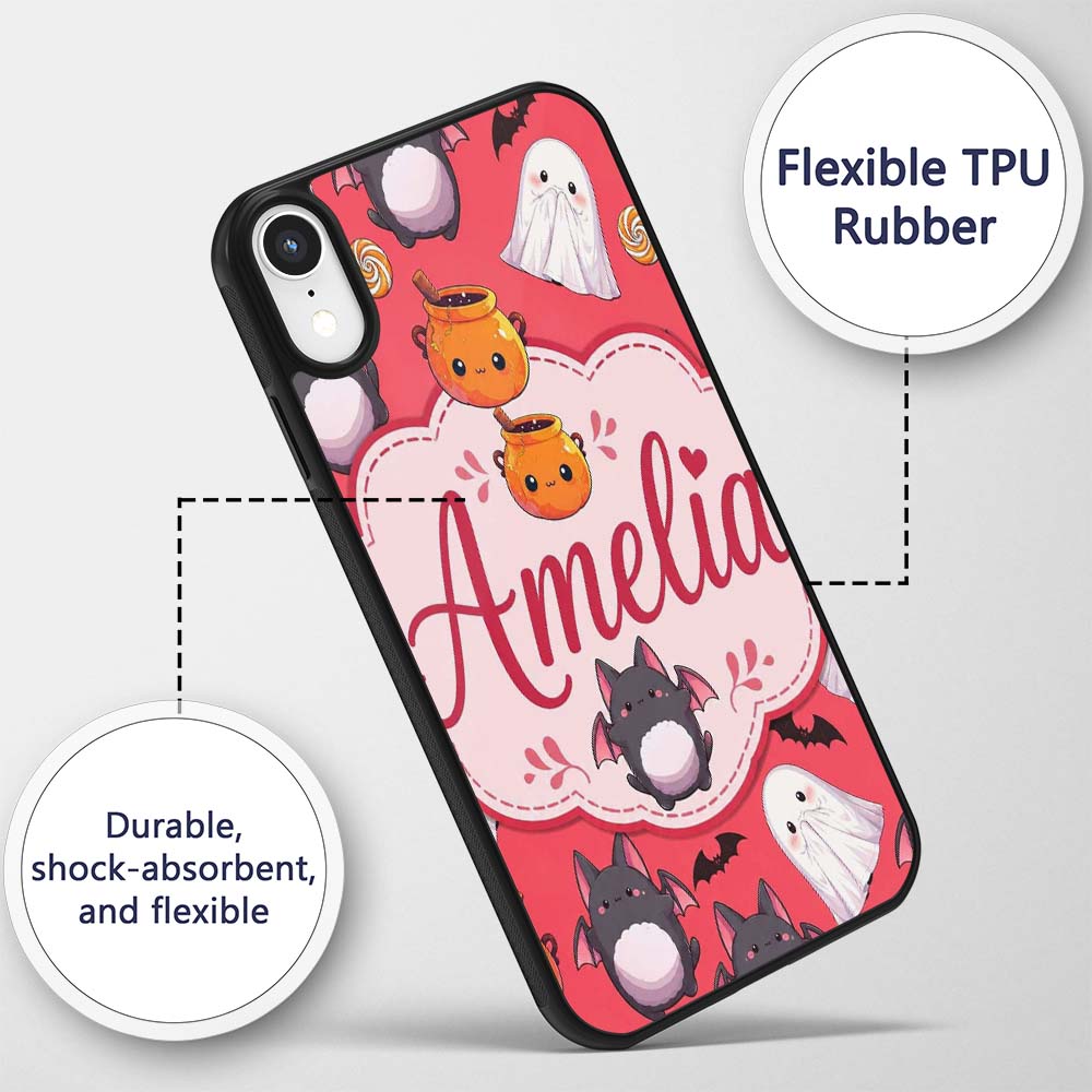 Cute Halloween Ghost Bat Candy Printed Design Custom Name Protective Phone Case Mobile Cover Durable Everyday Smartphone Shock Resistant