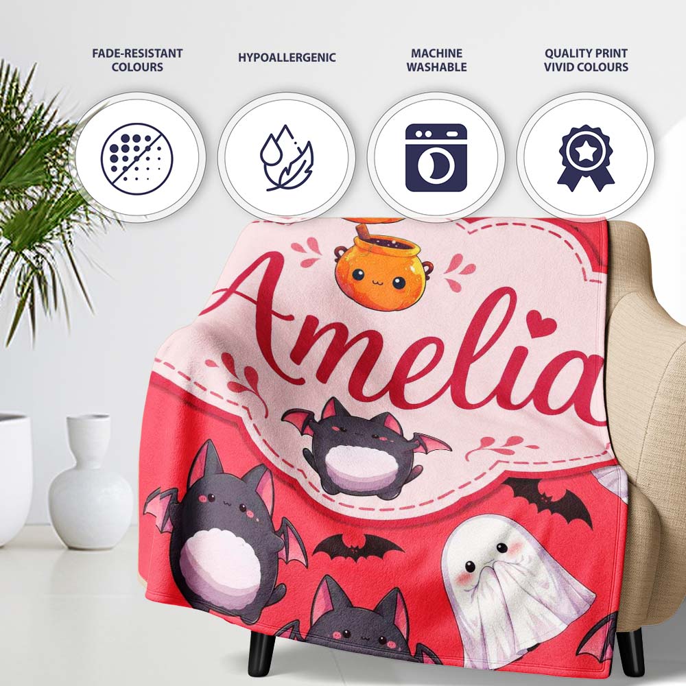 Cute Halloween Ghost Bat Candy Pumpkin Red Background Seamless Personalised Custom Name Super Soft Fleece Blanket Bed Sofa Throw