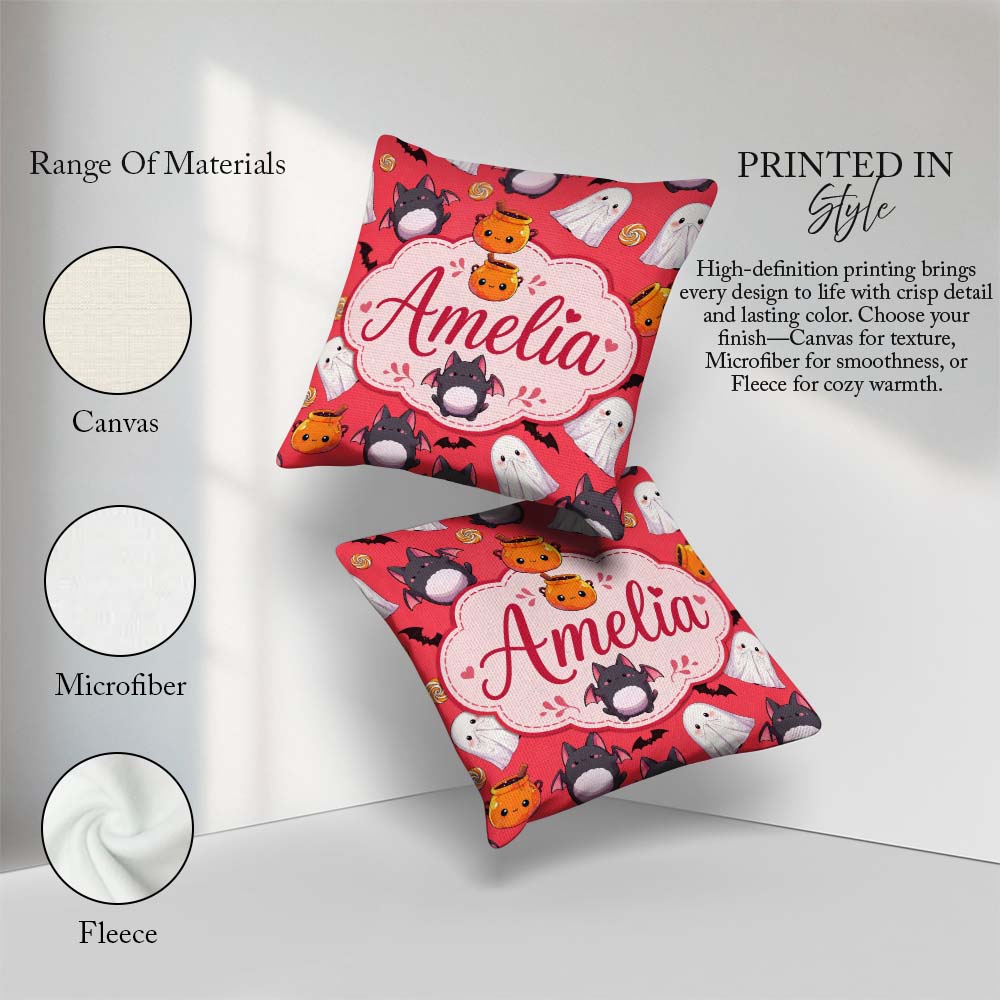 Custom Name Cute Ghost Bat Candy Pumpkin Red Background Seamless Square Filled Cushion Throw Pillow Sofa Bed Home Decor Zip Washable UK Made