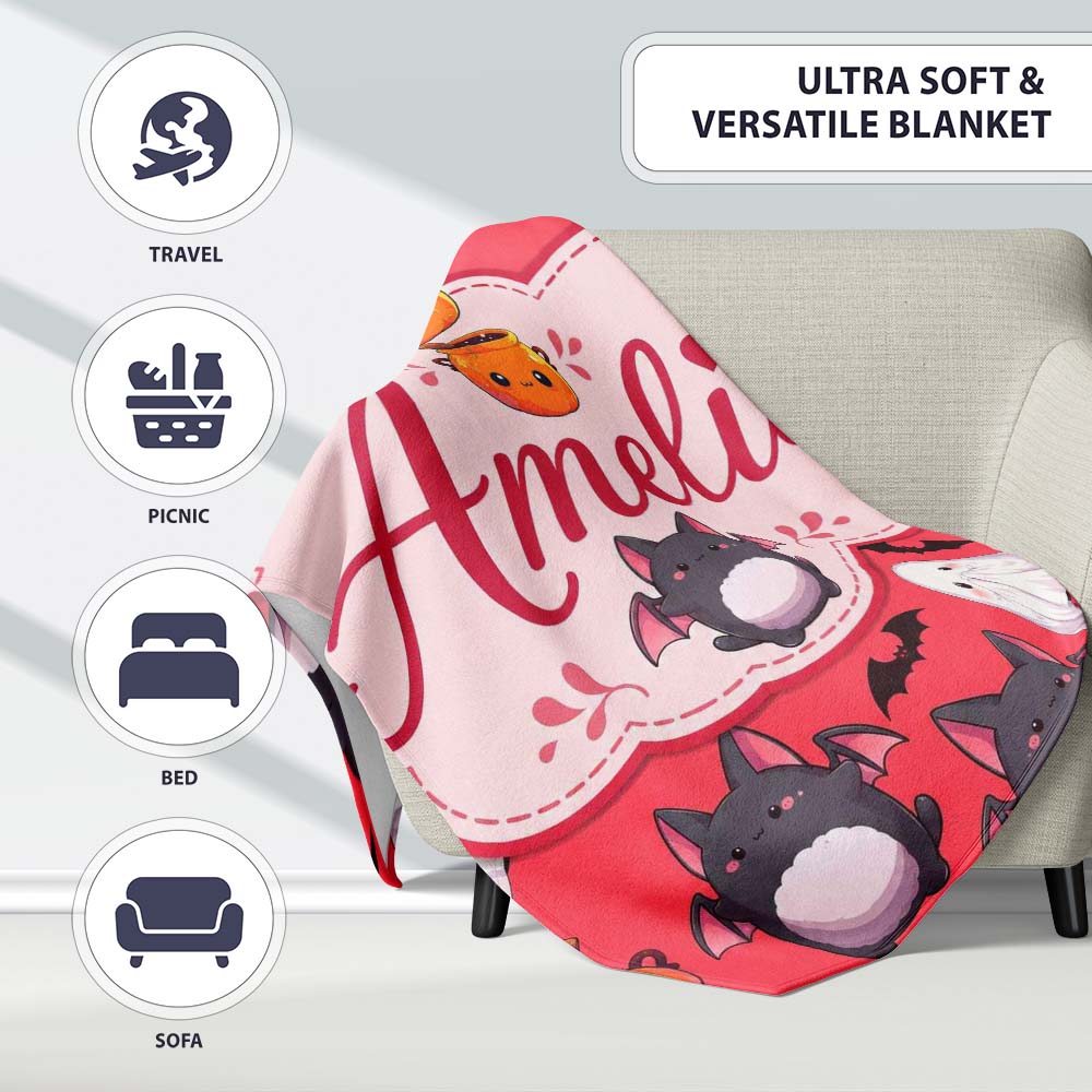 Cute Halloween Ghost Bat Candy Pumpkin Red Background Seamless Personalised Custom Name Super Soft Fleece Blanket Bed Sofa Throw