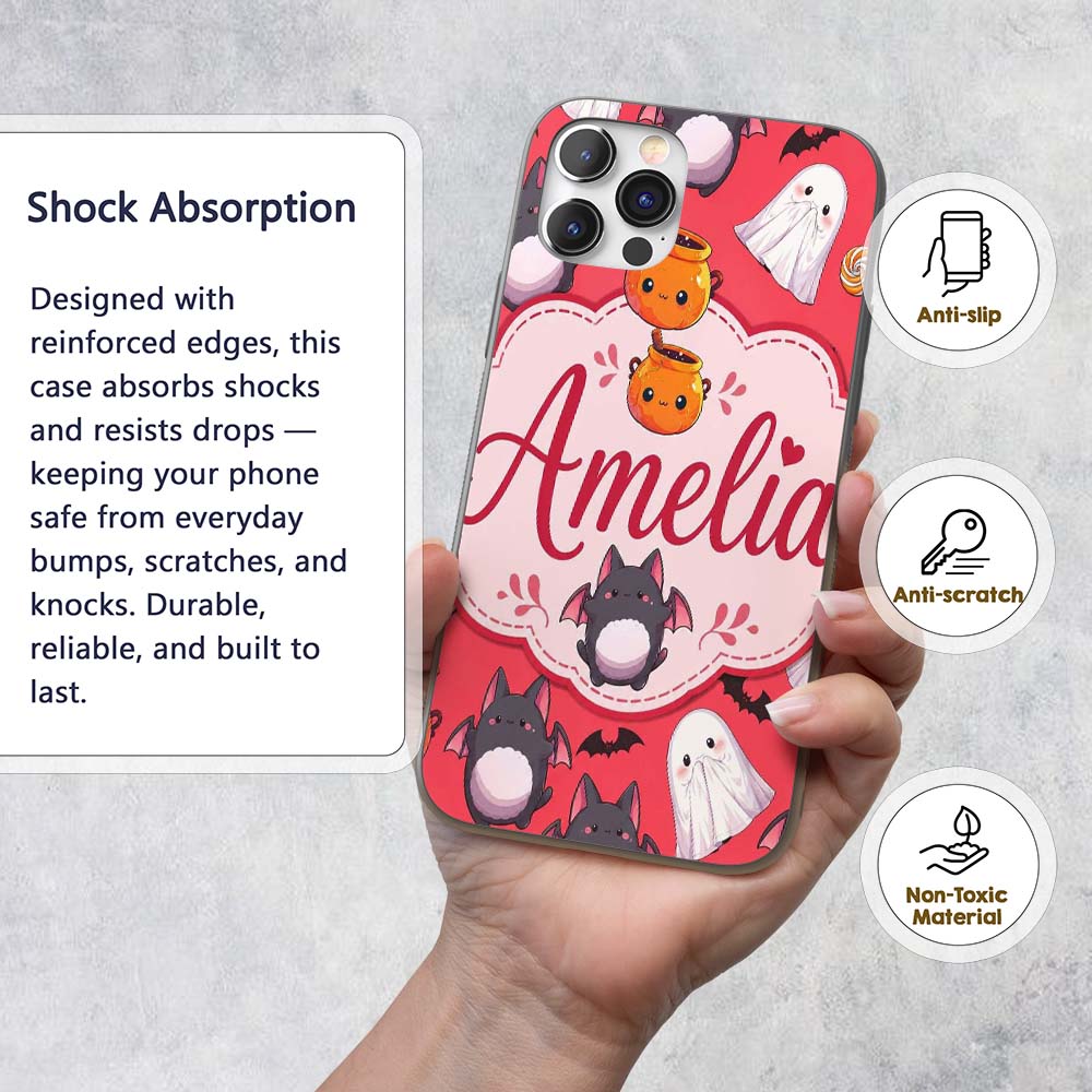 Cute Halloween Ghost Bat Candy Printed Design Custom Name Protective Phone Case Mobile Cover Durable Everyday Smartphone Shock Resistant