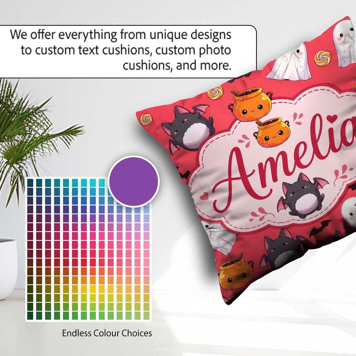 Custom Name Cute Ghost Bat Candy Pumpkin Red Background Seamless Square Filled Cushion Throw Pillow Sofa Bed Home Decor Zip Washable UK Made