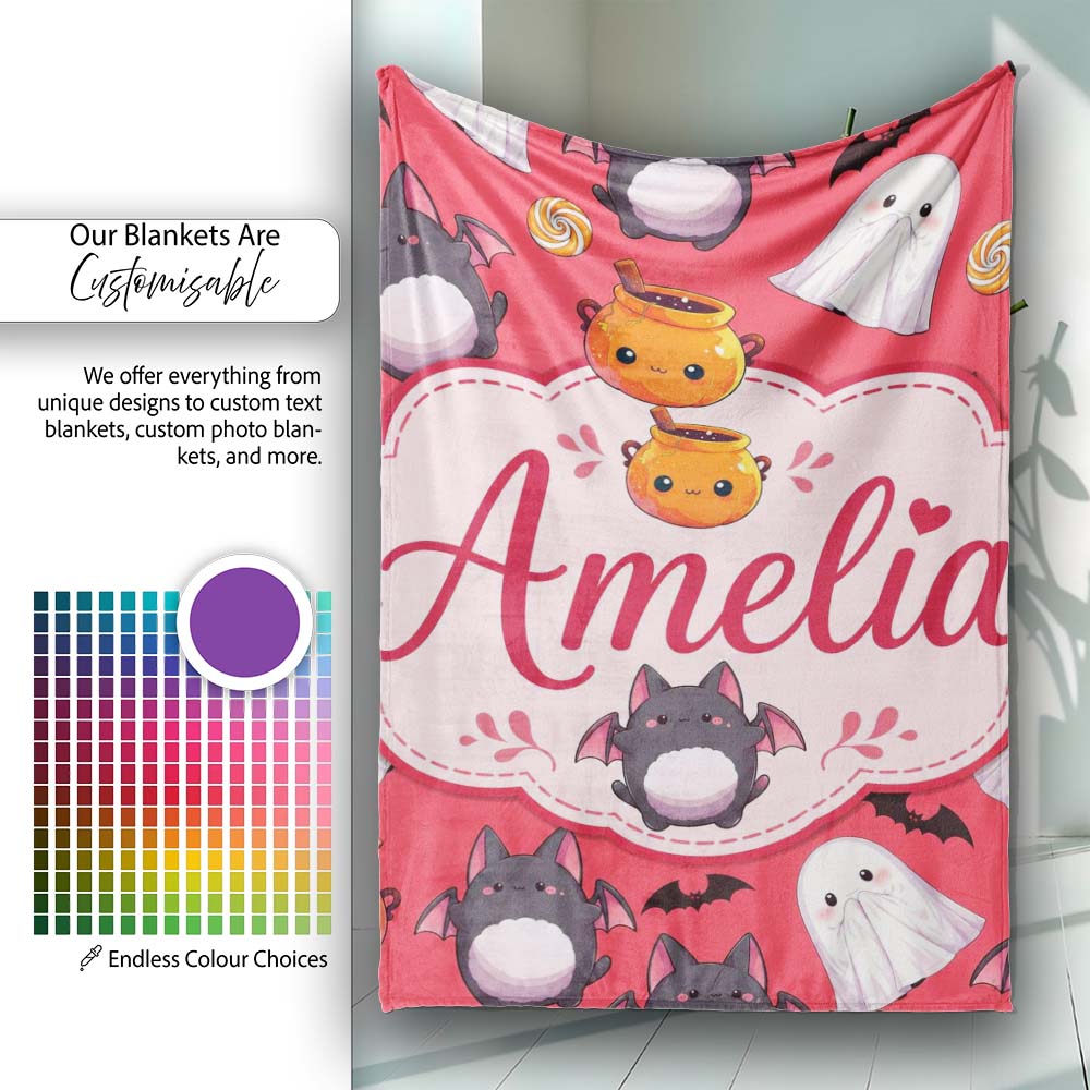 Cute Halloween Ghost Bat Candy Pumpkin Red Background Seamless Personalised Custom Name Super Soft Fleece Blanket Bed Sofa Throw