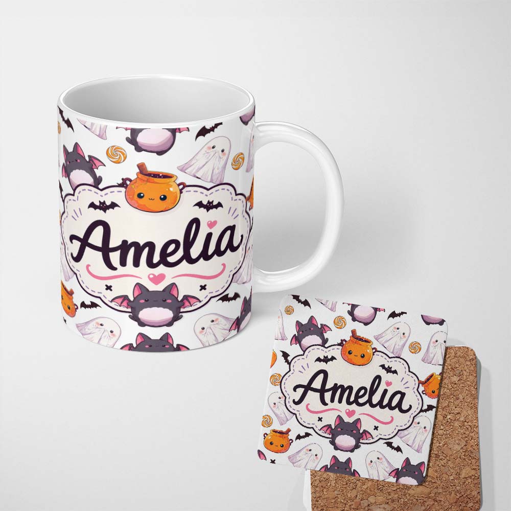 Personalized Custom Name Cute Halloween Ghost Bat Candy Pumpkin Grey Background Seamless 11oz Ceramic Coffee Tea Mug White Large Handle