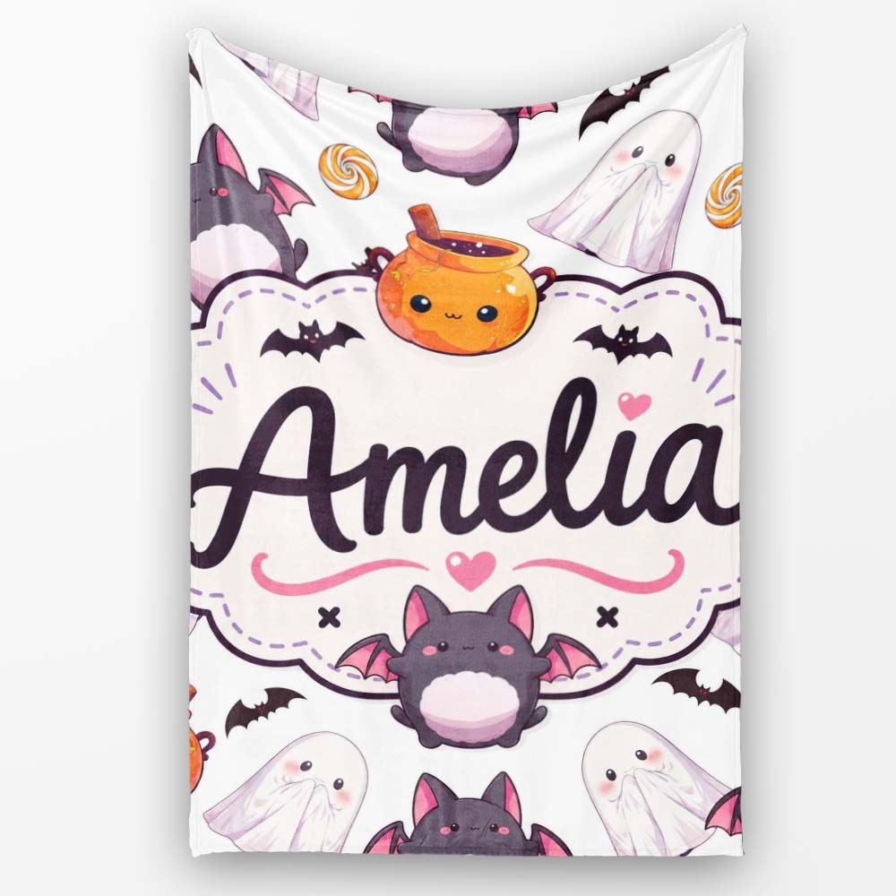 Cute Halloween Ghost Bat Candy Pumpkin Grey Background Seamless Personalised Custom Name Super Soft Fleece Blanket Bed Sofa Throw