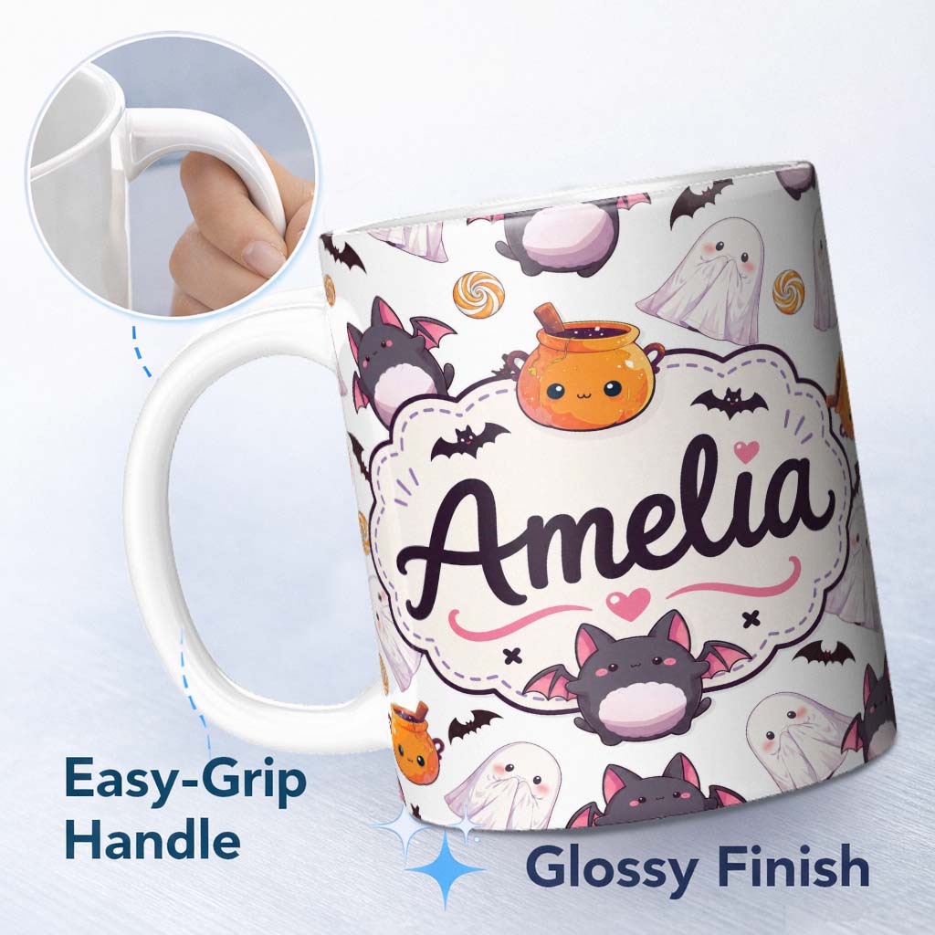 Personalized Custom Name Cute Halloween Ghost Bat Candy Pumpkin Grey Background Seamless 11oz Ceramic Coffee Tea Mug White Large Handle