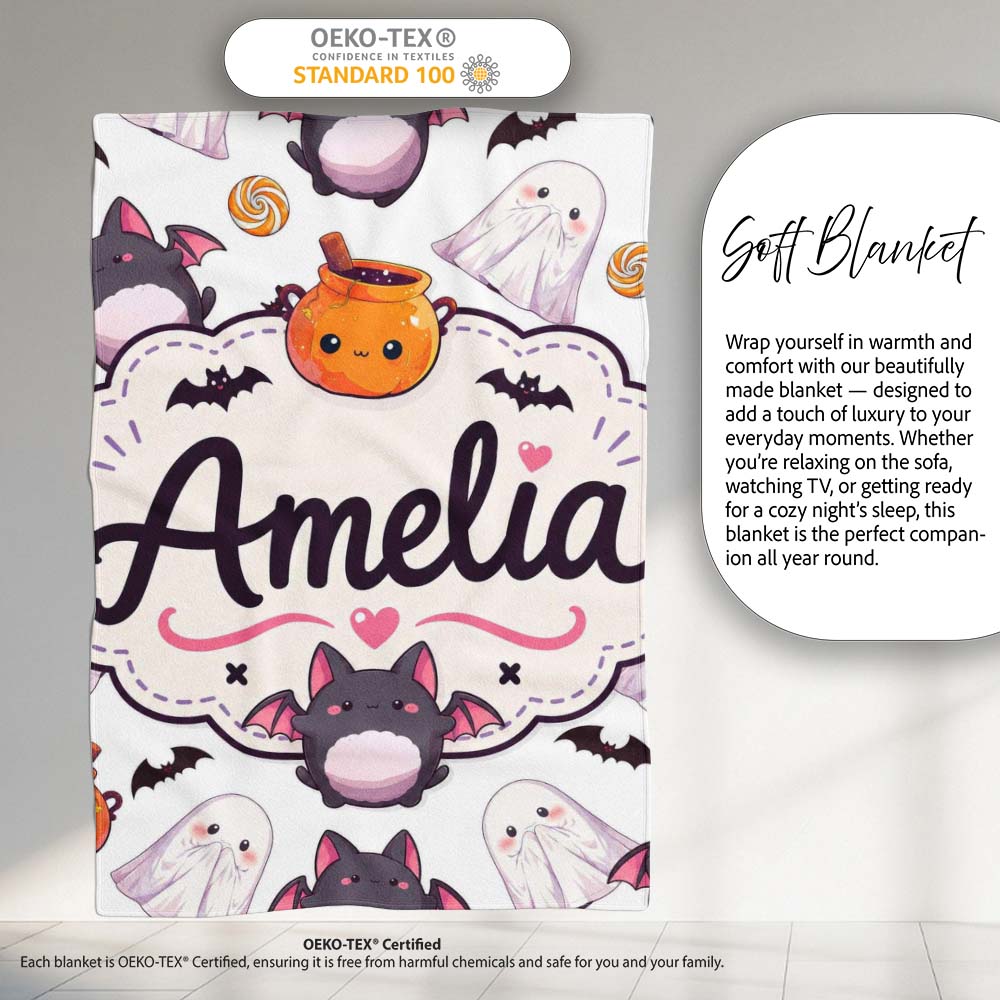 Cute Halloween Ghost Bat Candy Pumpkin Grey Background Seamless Personalised Custom Name Super Soft Fleece Blanket Bed Sofa Throw