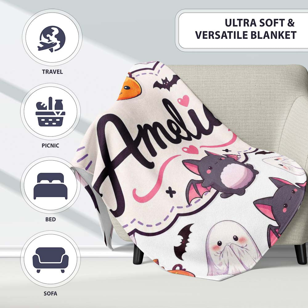 Cute Halloween Ghost Bat Candy Pumpkin Grey Background Seamless Personalised Custom Name Super Soft Fleece Blanket Bed Sofa Throw