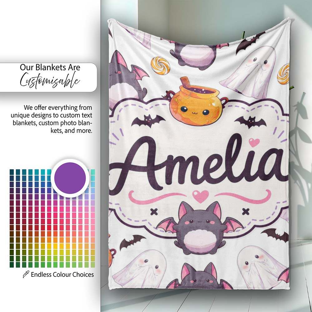 Cute Halloween Ghost Bat Candy Pumpkin Grey Background Seamless Personalised Custom Name Super Soft Fleece Blanket Bed Sofa Throw