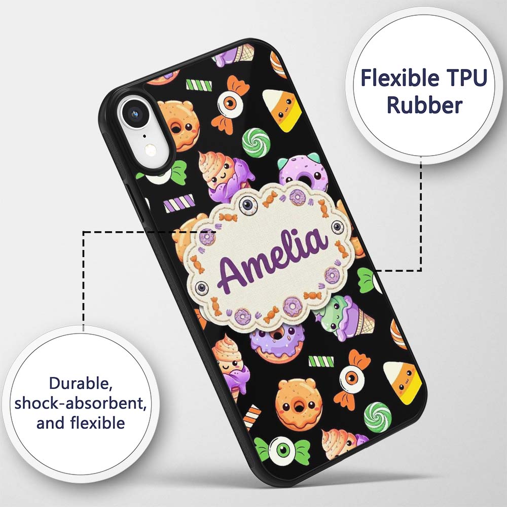 Cute Halloween Sweet Donut Ice Cream Candy Black Custom Name Protective Phone Case Mobile Cover Durable Everyday Smartphone Shock Resistant