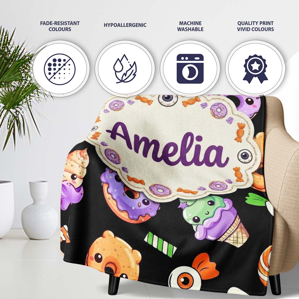 Cute Halloween Sweet Donut Ice Cream Candy Black Background Personalised Custom Name Super Soft Fleece Blanket Bed Sofa Throw
