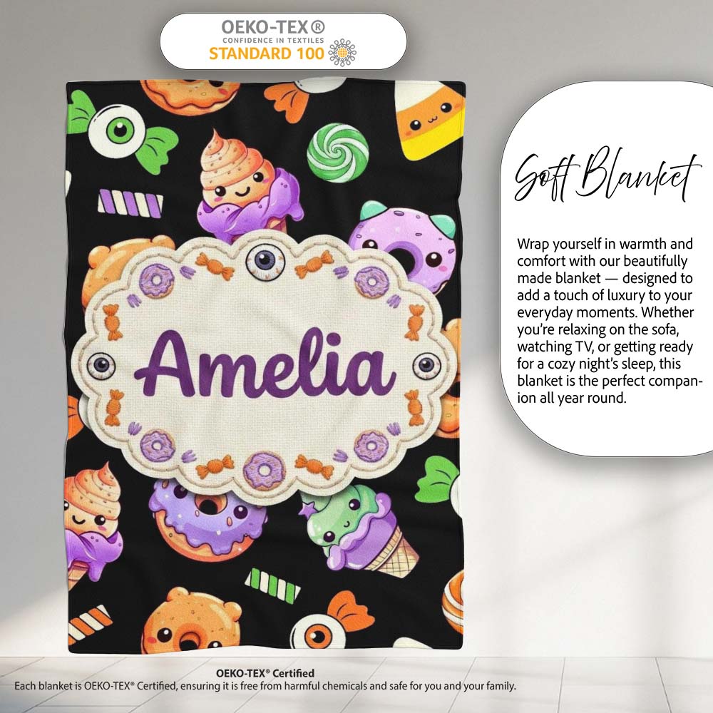 Cute Halloween Sweet Donut Ice Cream Candy Black Background Personalised Custom Name Super Soft Fleece Blanket Bed Sofa Throw