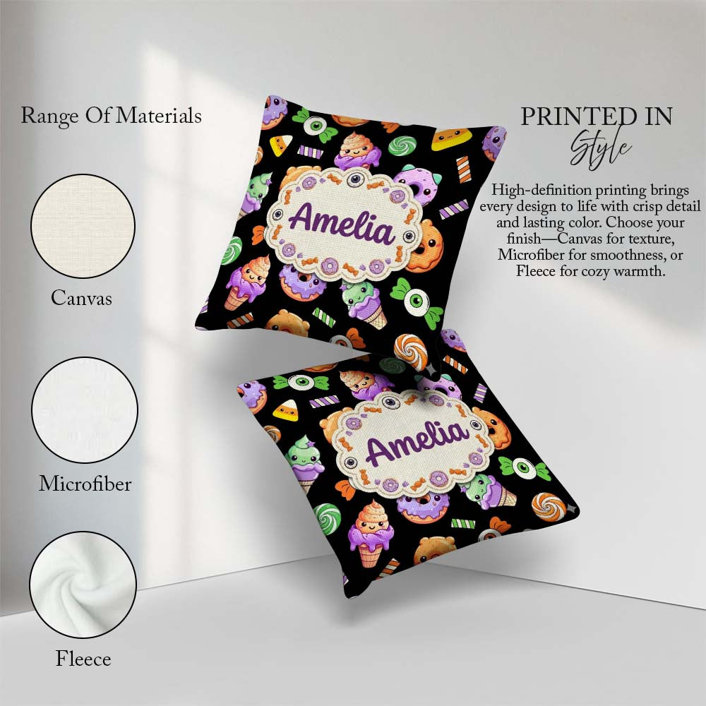 Custom Name Cute Sweet Donut Ice Cream Candy Black Background Square Filled Cushion Throw Pillow Sofa Bed Home Decor Zip Washable UK Made