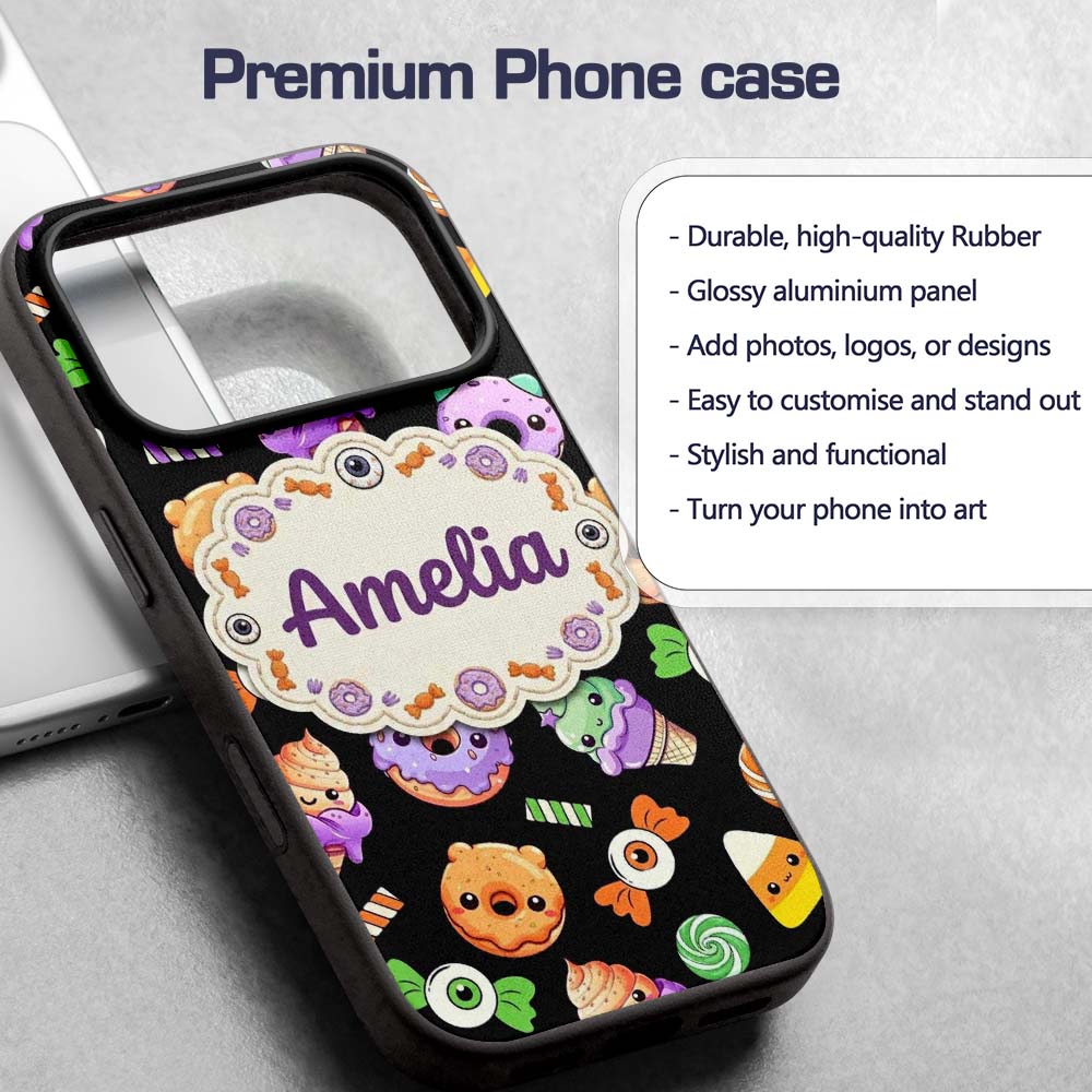 Cute Halloween Sweet Donut Ice Cream Candy Black Custom Name Protective Phone Case Mobile Cover Durable Everyday Smartphone Shock Resistant