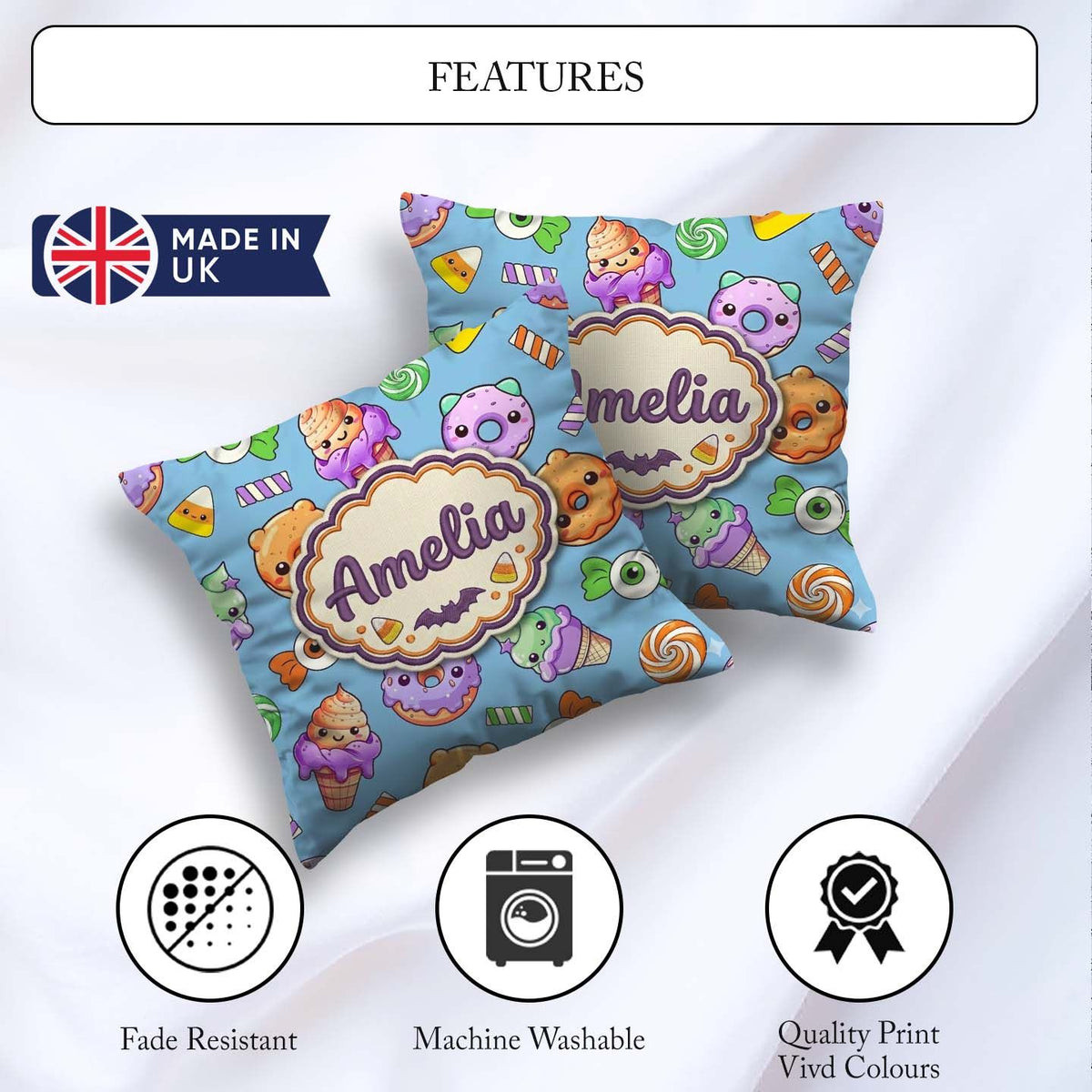 Custom Name Sweet Donut Ice Cream Candy Blue Background Seamless Square Filled Cushion Throw Pillow Sofa Bed Home Decor Zip Washable UK Made