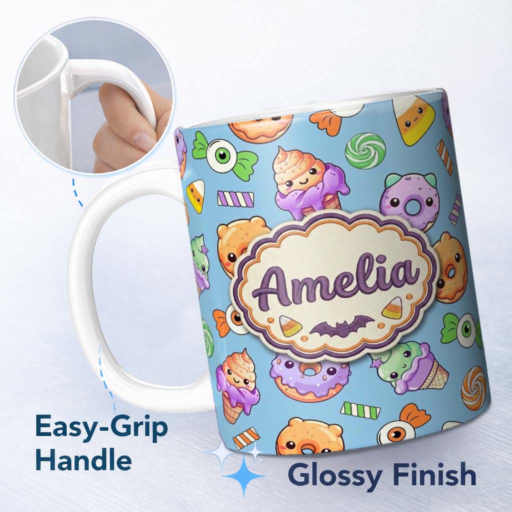 Personalized Custom Name Cute Halloween Sweet Donut Ice Cream Candy Blue Background Seamless 11oz Ceramic Coffee Tea Mug White Large Handle