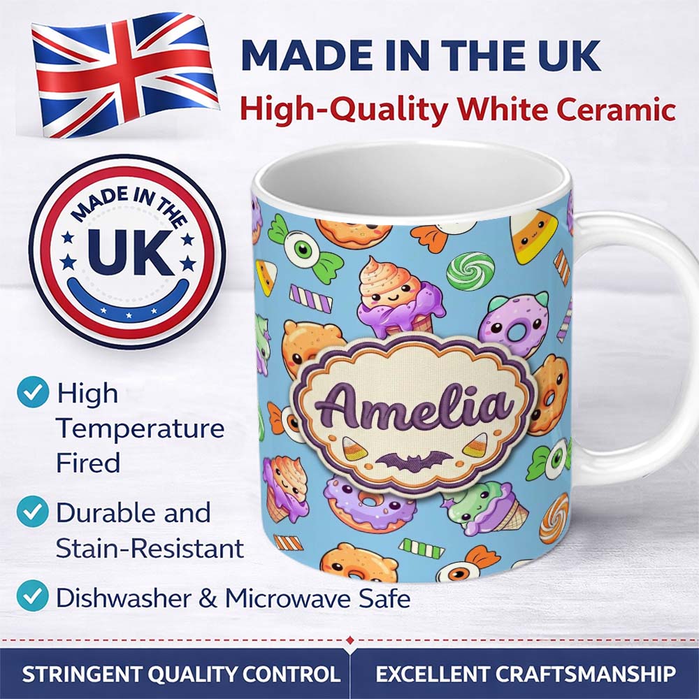 Personalized Custom Name Cute Halloween Sweet Donut Ice Cream Candy Blue Background Seamless 11oz Ceramic Coffee Tea Mug White Large Handle