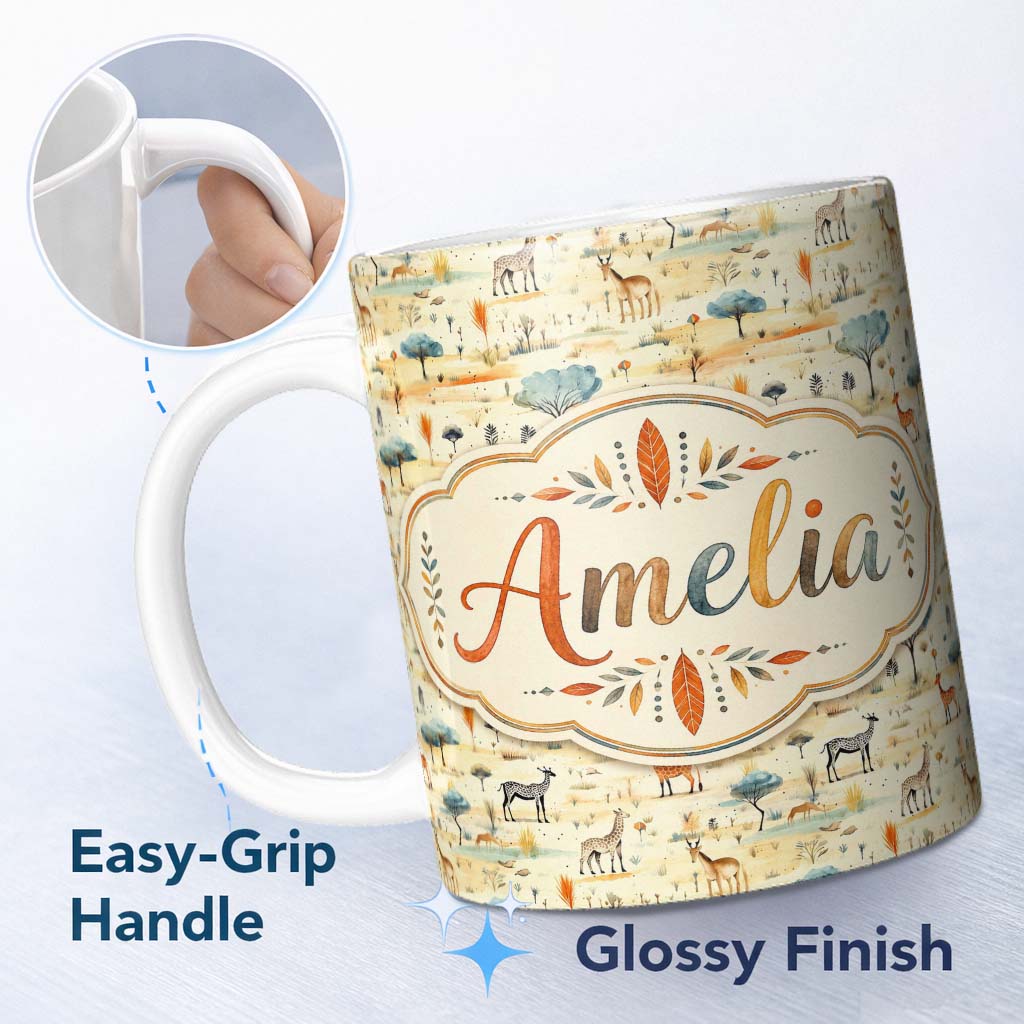 Personalized Custom Name Safari Animals Giraffe Deer Trees Nature Scene Seamless Pattern 11oz Ceramic Coffee Tea Mug White Large Handle