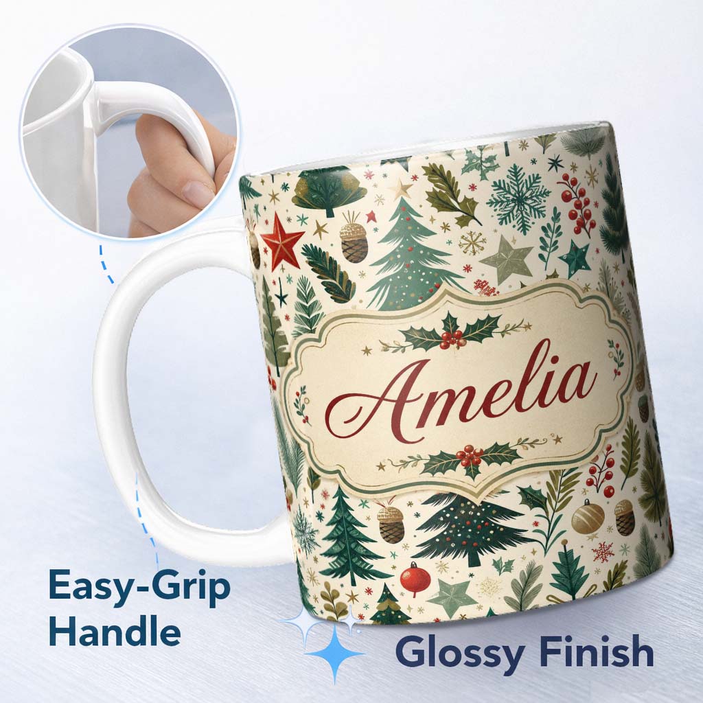Personalized Custom Name Modern Christmas Trees Holly Leaves Snowflakes Winter Seamless 11oz Ceramic Coffee Tea Mug White Large Handle