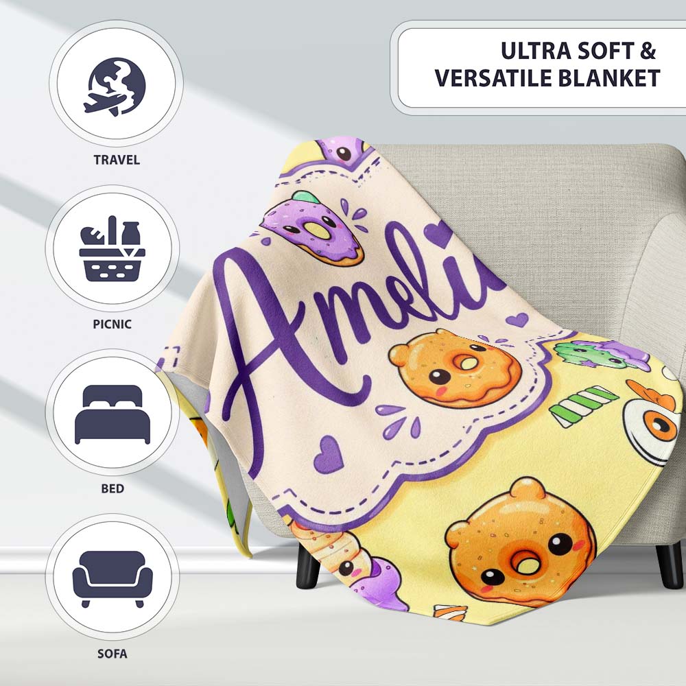 Cute Halloween Sweet Donut Ice Cream Candy Yellow Background Personalised Custom Name Super Soft Fleece Blanket Bed Sofa Throw