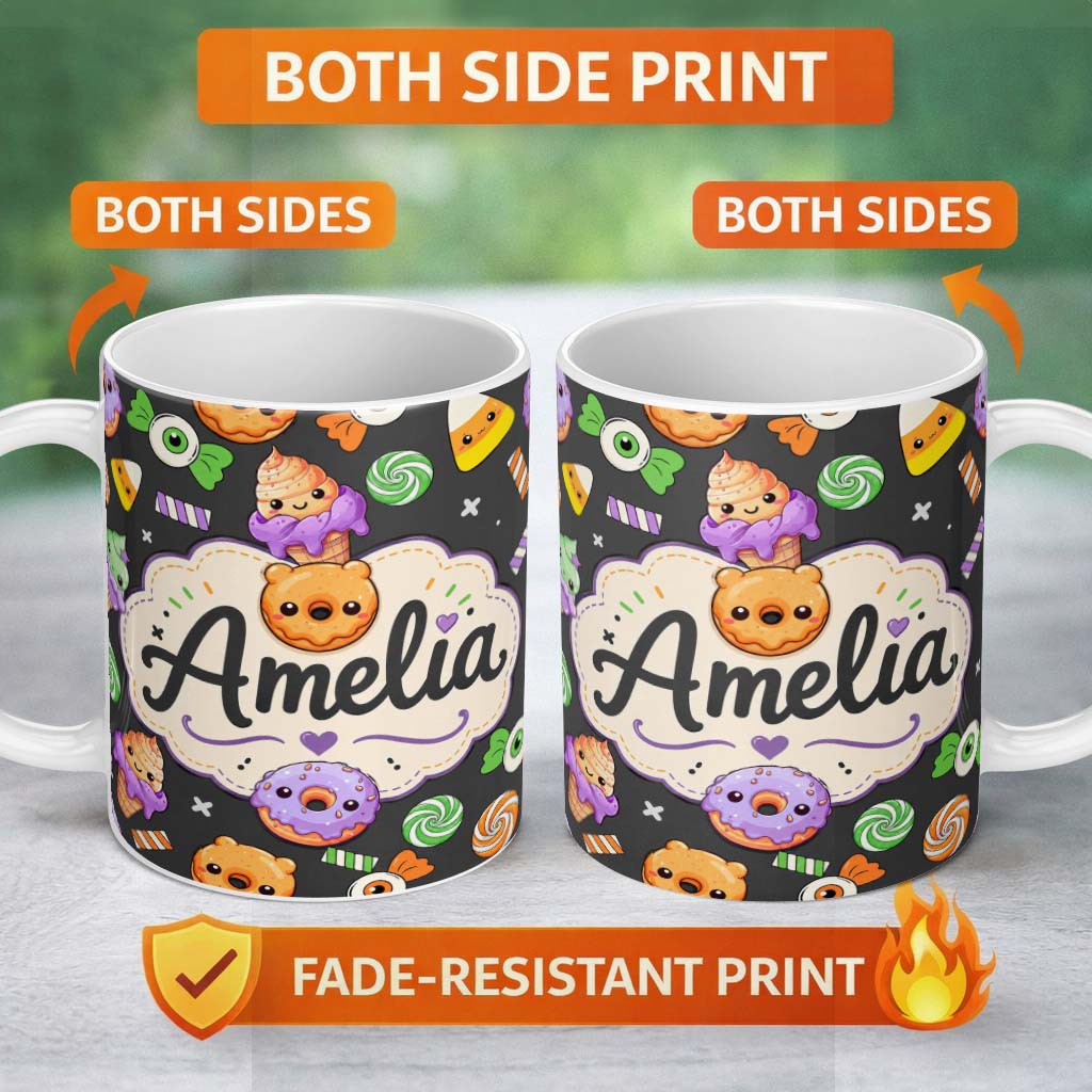 Personalized Custom Name Cute Halloween Sweet Donut Ice Cream Candy Grey Background Seamless 11oz Ceramic Coffee Tea Mug White Large Handle
