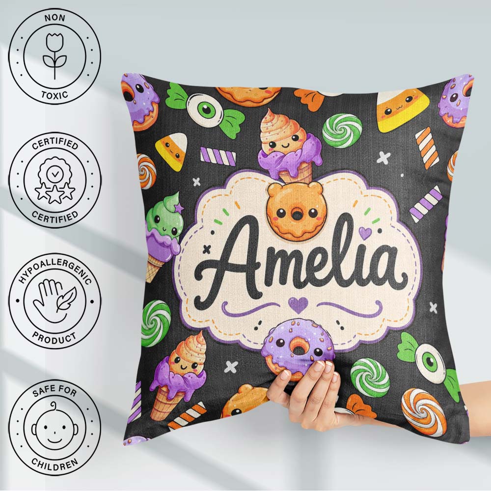 Custom Name Sweet Donut Ice Cream Candy Grey Background Seamless Square Filled Cushion Throw Pillow Sofa Bed Home Decor Zip Washable UK Made