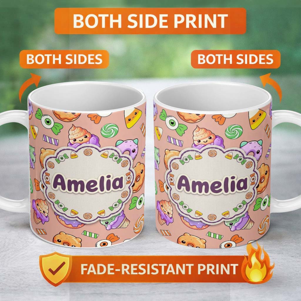 Personalized Custom Name Cute Halloween Sweet Donut Ice Cream Candy Beige Background 11oz Ceramic Coffee Tea Mug White Large Handle