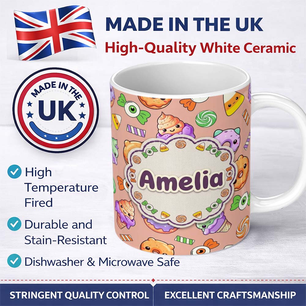 Personalized Custom Name Cute Halloween Sweet Donut Ice Cream Candy Beige Background 11oz Ceramic Coffee Tea Mug White Large Handle