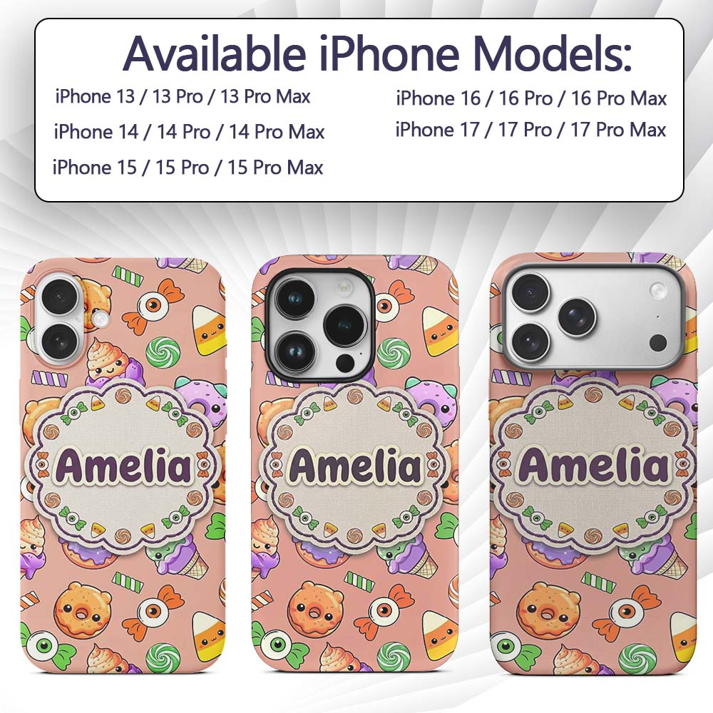 Cute Halloween Sweet Donut Ice Cream Candy Beige Custom Name Protective Phone Case Mobile Cover Durable Everyday Smartphone Shock Resistant