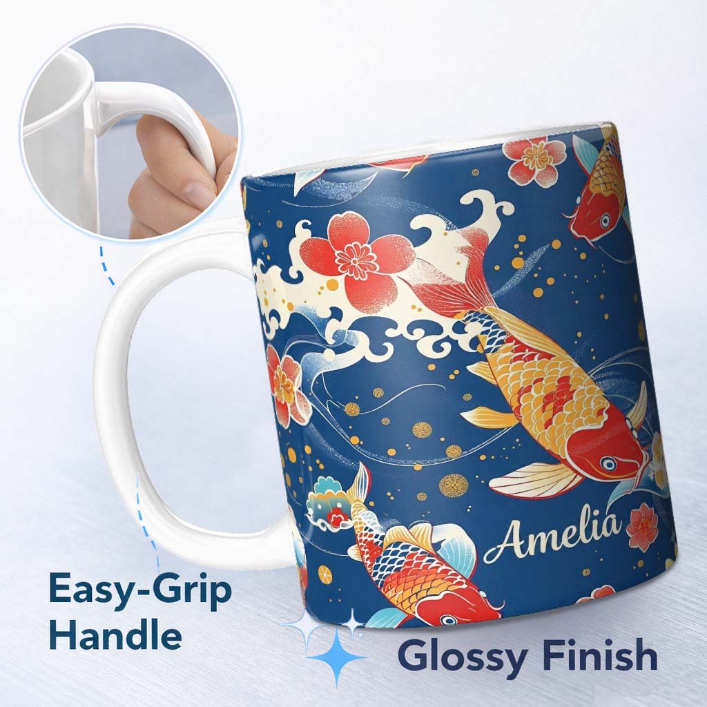 Personalized Custom Name Elegant Japanese Koi Fish with Cherry Blossom Waves Traditional 11oz Ceramic Coffee Tea Mug White Large Handle