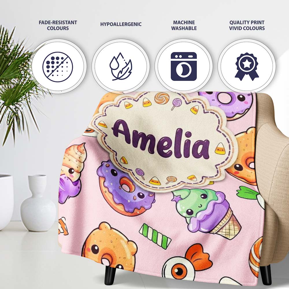 Cute Halloween Donut Candy Ice Cream Kawaii Seamless Pattern Blush Personalised Custom Name Super Soft Fleece Blanket Bed Sofa Throw