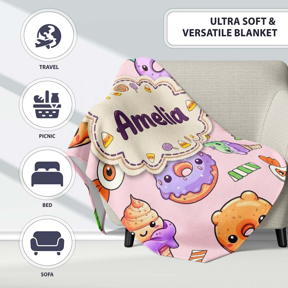 Cute Halloween Donut Candy Ice Cream Kawaii Seamless Pattern Blush Personalised Custom Name Super Soft Fleece Blanket Bed Sofa Throw