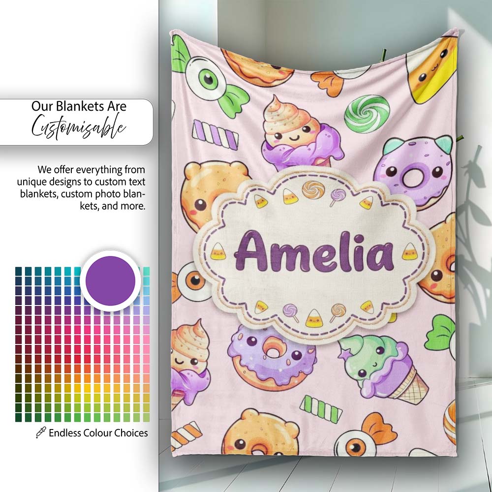 Cute Halloween Donut Candy Ice Cream Kawaii Seamless Pattern Blush Personalised Custom Name Super Soft Fleece Blanket Bed Sofa Throw